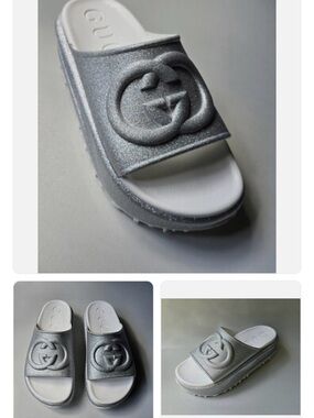 Gucci Silver Glitter Logo Slide Sandals for Women
